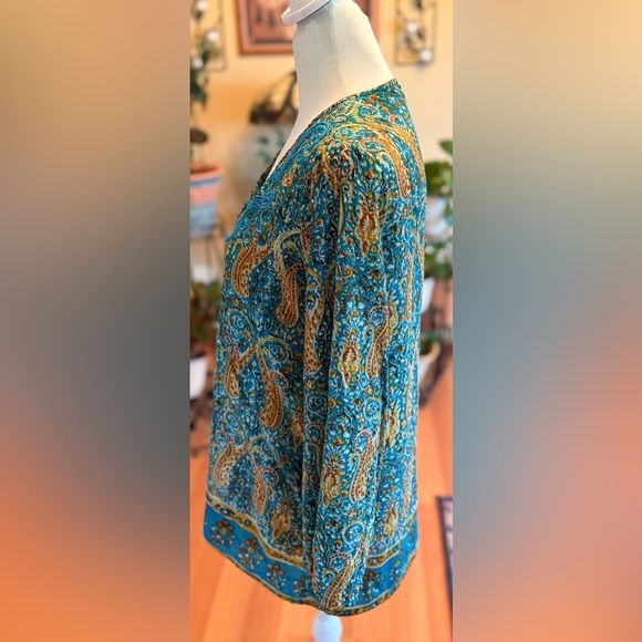 Tolani Women’s Silk Beaded Bohemian Printed Size Small Blouse Teal & Mustard - Picture 11 of 14